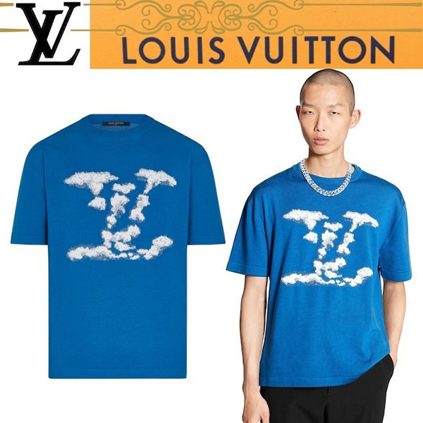 ルイヴィトン クラウドジャカードTシャツ 雲モチーフ　青　ロゴ 偽物1A8A7Y