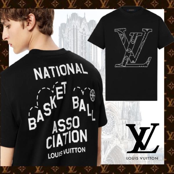 ルイヴィトン バスケットボールコラボNBA ロゴTシャツ 偽物 半袖 黒 1A8X0V