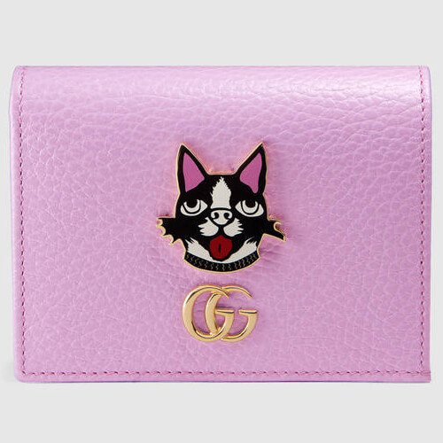 グッチ 499325 ピンクレザー 猫モチーフ カードケース ボストンテリア犬