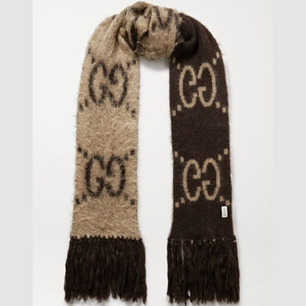 ★グッチ★Fringed brushed mohair-blend jacquard-knit scarf