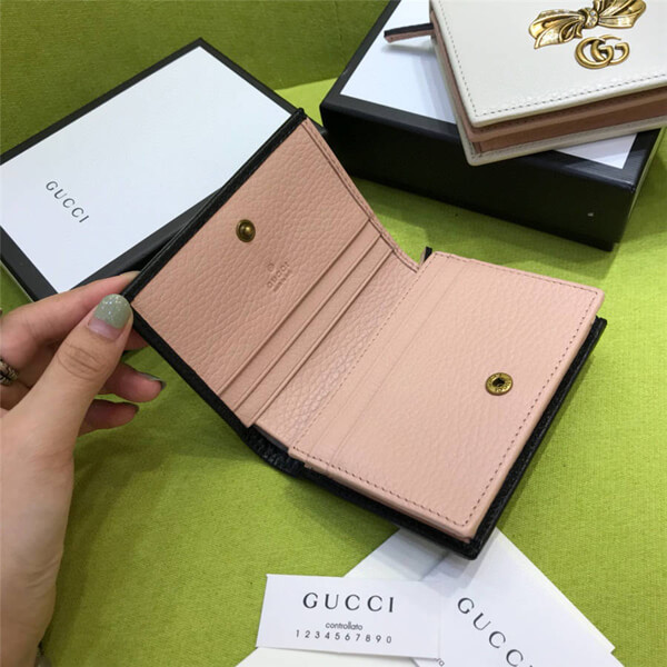 新作大人気 グッチスーパーコピー Leather card case with bow ミニ財布 ブラック 524289