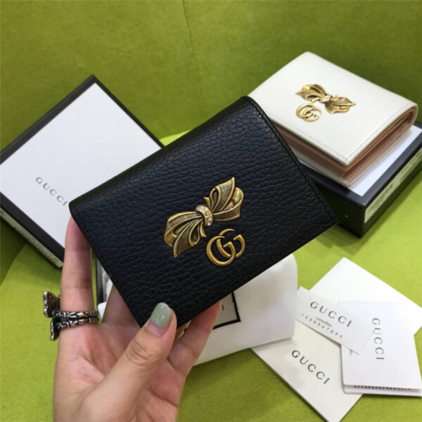 新作大人気 グッチスーパーコピー Leather card case with bow ミニ財布 ブラック 524289