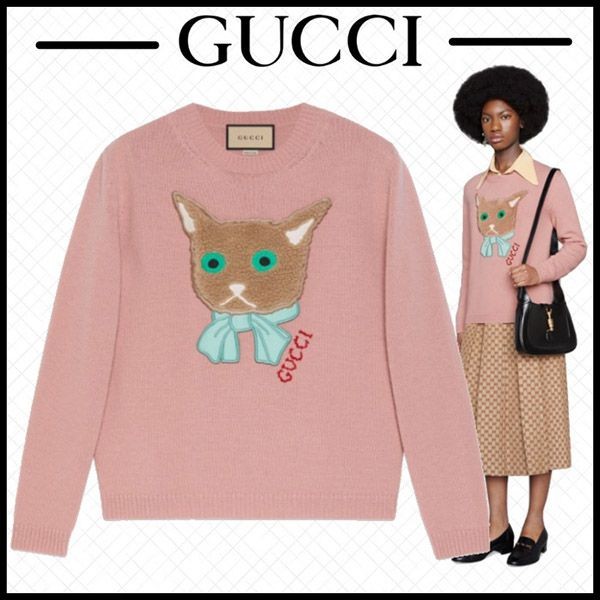新作 グッチ セーター 猫 偽物クルーネック 長袖 ウール ロゴ ピンク