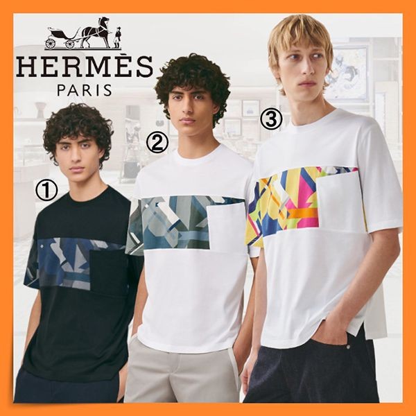 エルメス Tシャツ 偽物 プリントストライプポケット 4色 H357915HA02ME