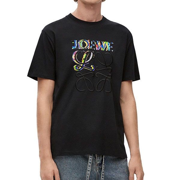 ロエベ Tシャツ 偽物 半袖 コットン グリッチ マルチカラーロゴ 刺繍 H526Y22J61
