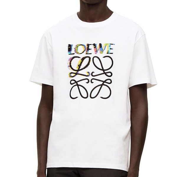 ロエベ Tシャツ 偽物 半袖 コットン グリッチ マルチカラーロゴ 刺繍 H526Y22J61