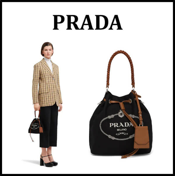 PRADA★Cotton canvas and leather bucketbag 1BE032_2DID_F0B7K_V_POO